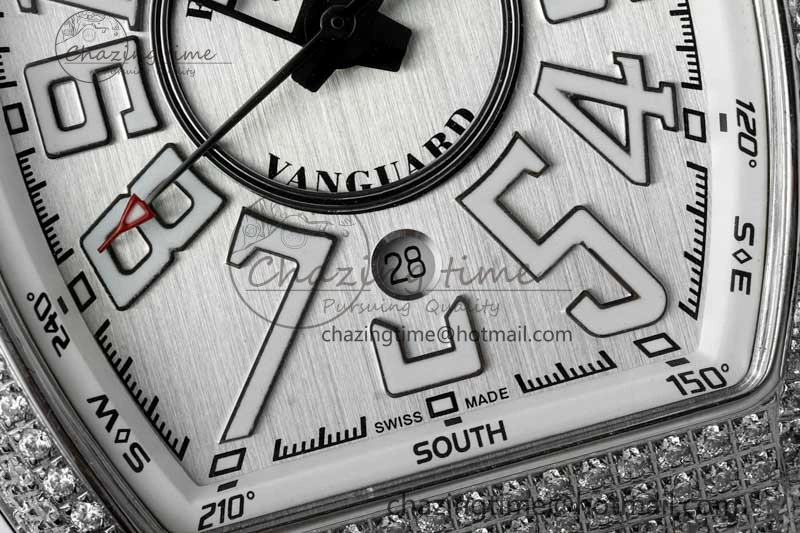 Vanguard V45 SS ABF Best Edition Full Diamonds Case Silver Dial on White Leather Strap A Effortless 6522