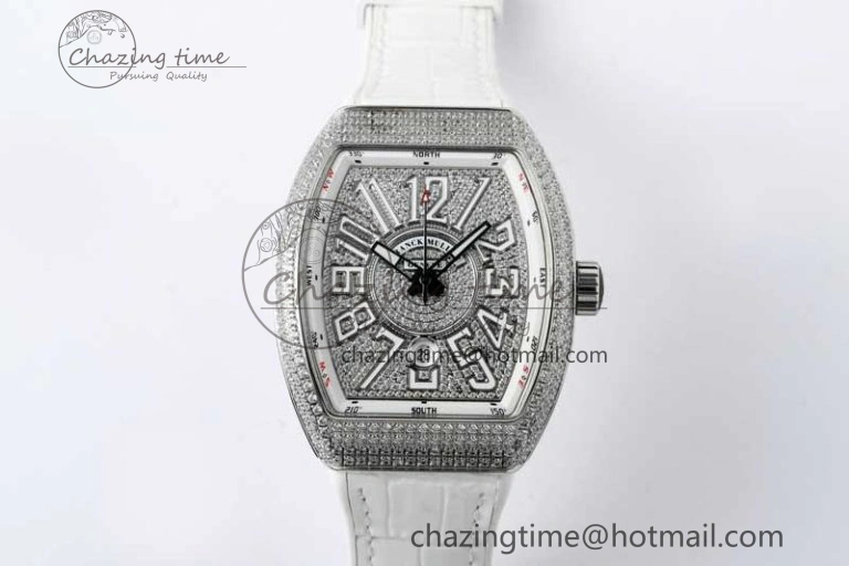 Vanguard V45 SS ABF Best Edition Full Diamonds Dial on White Leather Strap A WeatherProof 6525