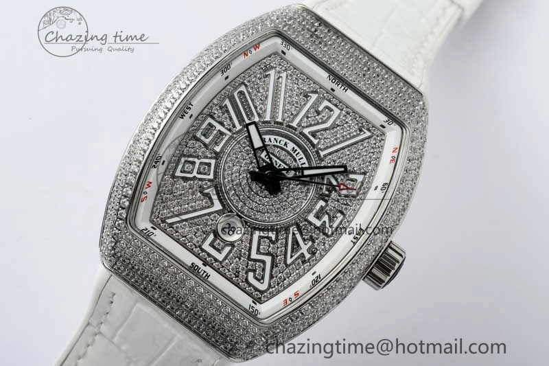 Vanguard V45 SS ABF Best Edition Full Diamonds Dial on White Leather Strap A WeatherProof 6525