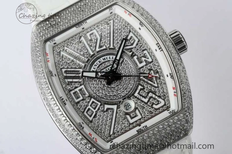 Vanguard V45 SS ABF Best Edition Full Diamonds Dial on White Leather Strap A WeatherProof 6525