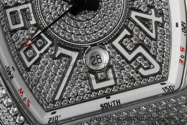 Vanguard V45 SS ABF Best Edition Full Diamonds Dial on White Leather Strap A WeatherProof 6525