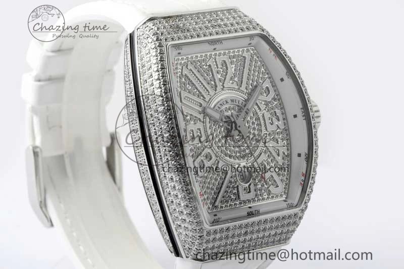 Vanguard V45 SS ABF Best Edition Full Diamonds Dial on White Leather Strap A WeatherProof 6525