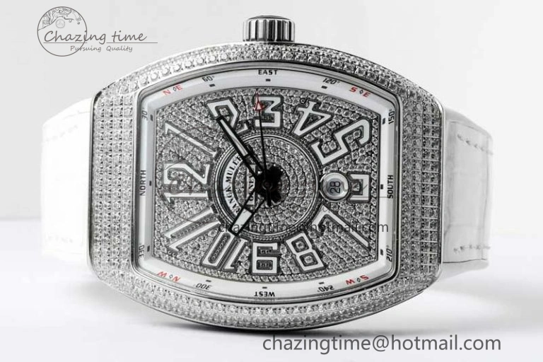 Vanguard V45 SS ABF Best Edition Full Diamonds Dial on White Leather Strap A WeatherProof 6525