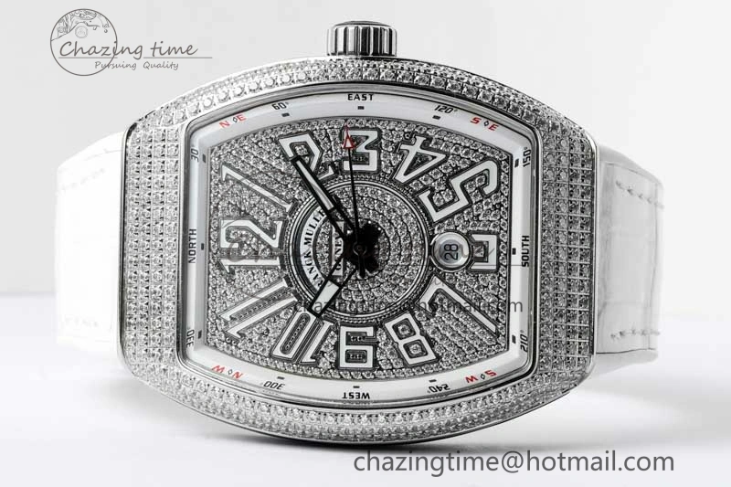 Vanguard V45 SS ABF Best Edition Full Diamonds Dial on White Leather Strap A WeatherProof 6525