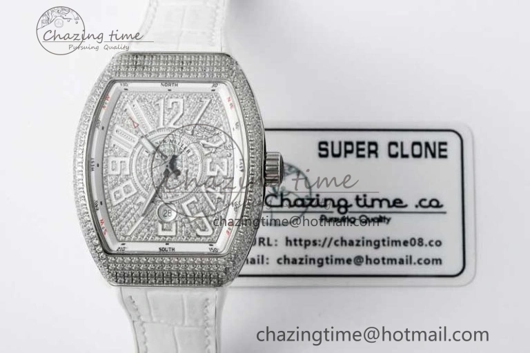 Vanguard V45 SS ABF Best Edition Full Diamonds Dial on White Leather Strap A WeatherProof 6525
