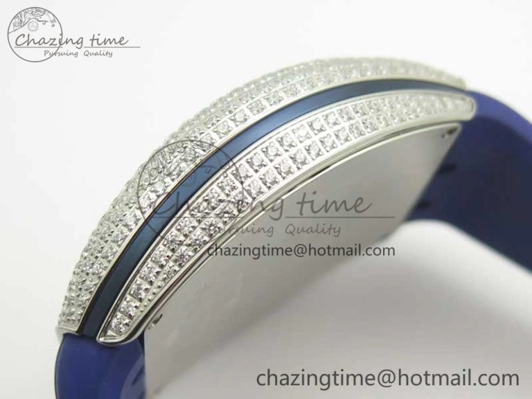 TimelessDesign Vanguard V45 SS Full Diamonds ABF Best Edition Blue Textured Dial Diamonds Markers on Blue Gummy Strap A 6571