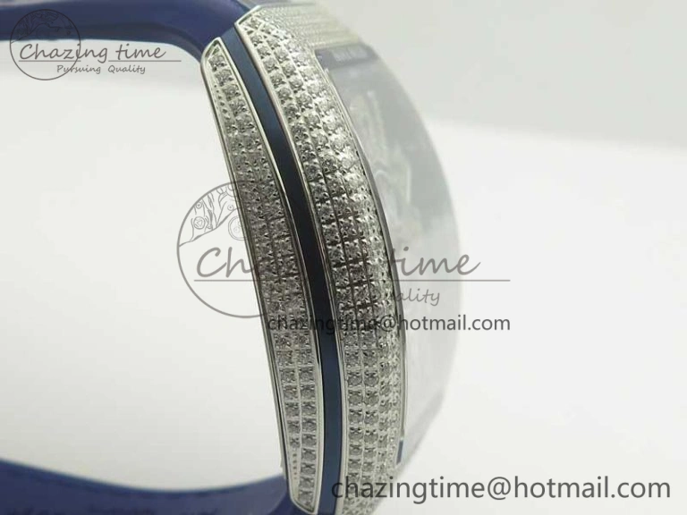 TimelessDesign Vanguard V45 SS Full Diamonds ABF Best Edition Blue Textured Dial Diamonds Markers on Blue Gummy Strap A 6571