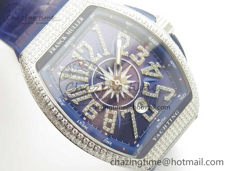 TimelessDesign Vanguard V45 SS Full Diamonds ABF Best Edition Blue Textured Dial Diamonds Markers on Blue Gummy Strap A 6571