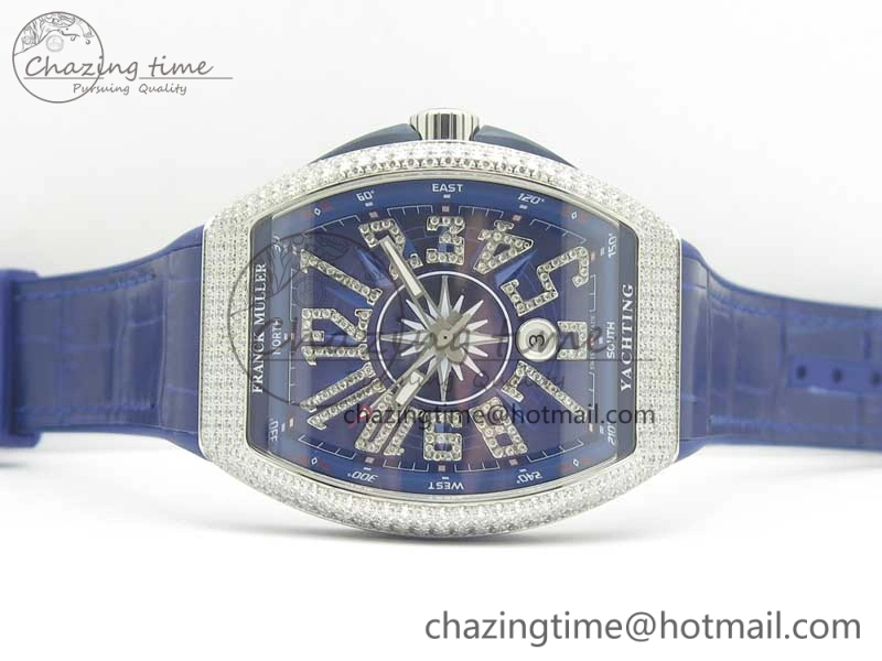 TimelessDesign Vanguard V45 SS Full Diamonds ABF Best Edition Blue Textured Dial Diamonds Markers on Blue Gummy Strap A 6571
