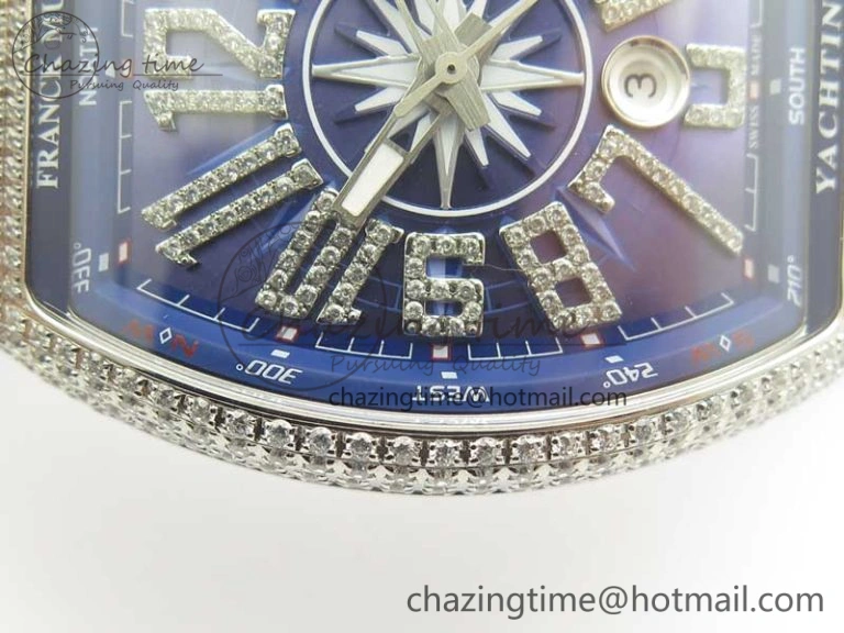 TimelessDesign Vanguard V45 SS Full Diamonds ABF Best Edition Blue Textured Dial Diamonds Markers on Blue Gummy Strap A 6571
