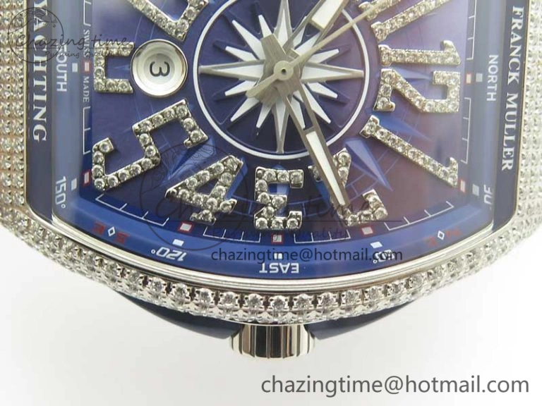 TimelessDesign Vanguard V45 SS Full Diamonds ABF Best Edition Blue Textured Dial Diamonds Markers on Blue Gummy Strap A 6571