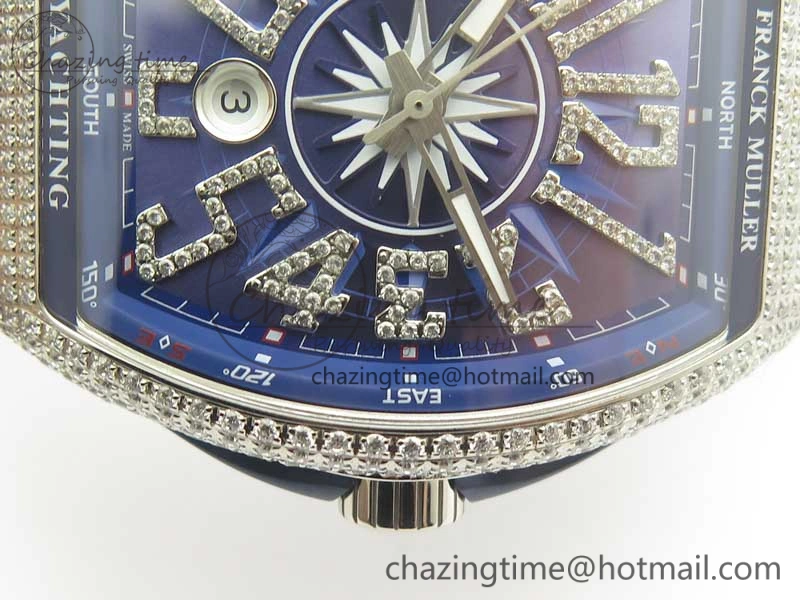 TimelessDesign Vanguard V45 SS Full Diamonds ABF Best Edition Blue Textured Dial Diamonds Markers on Blue Gummy Strap A 6571