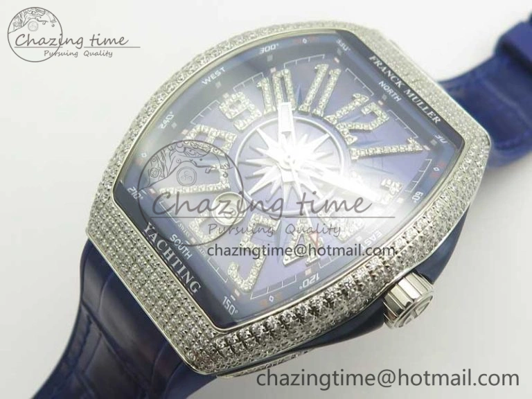 TimelessDesign Vanguard V45 SS Full Diamonds ABF Best Edition Blue Textured Dial Diamonds Markers on Blue Gummy Strap A 6571
