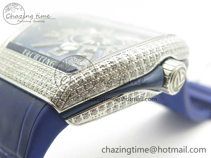 TimelessDesign Vanguard V45 SS Full Diamonds ABF Best Edition Blue Textured Dial Diamonds Markers on Blue Gummy Strap A 6571