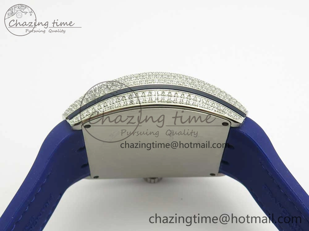 Vanguard V45 SS Full Diamonds Blue Textured Numbers Markers on Blue Gummy Strap A ModernLook 6565