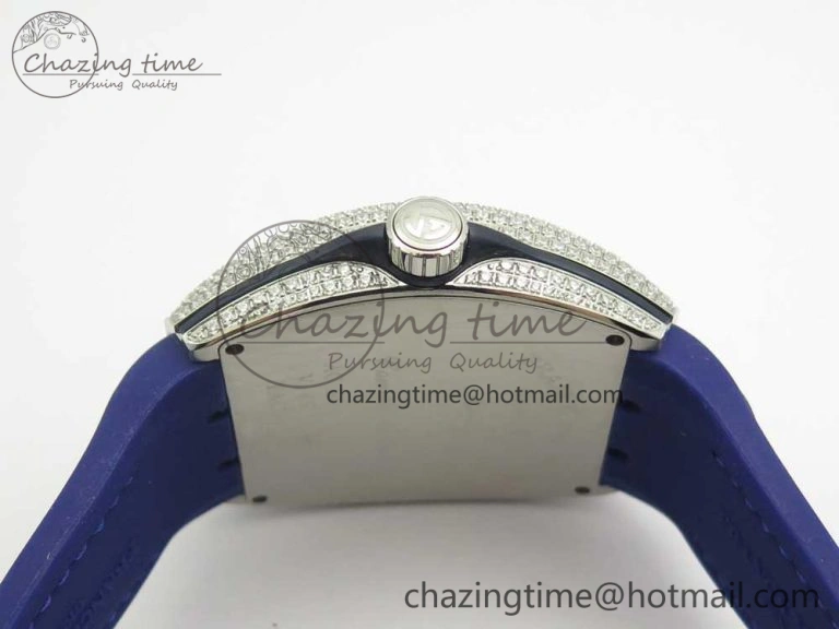 Vanguard V45 SS Full Diamonds Blue Textured Numbers Markers on Blue Gummy Strap A ModernLook 6565