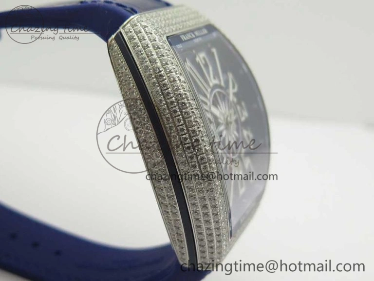 Vanguard V45 SS Full Diamonds Blue Textured Numbers Markers on Blue Gummy Strap A ModernLook 6565