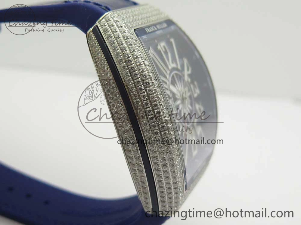 Vanguard V45 SS Full Diamonds Blue Textured Numbers Markers on Blue Gummy Strap A ModernLook 6565
