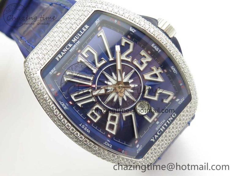 Vanguard V45 SS Full Diamonds Blue Textured Numbers Markers on Blue Gummy Strap A ModernLook 6565