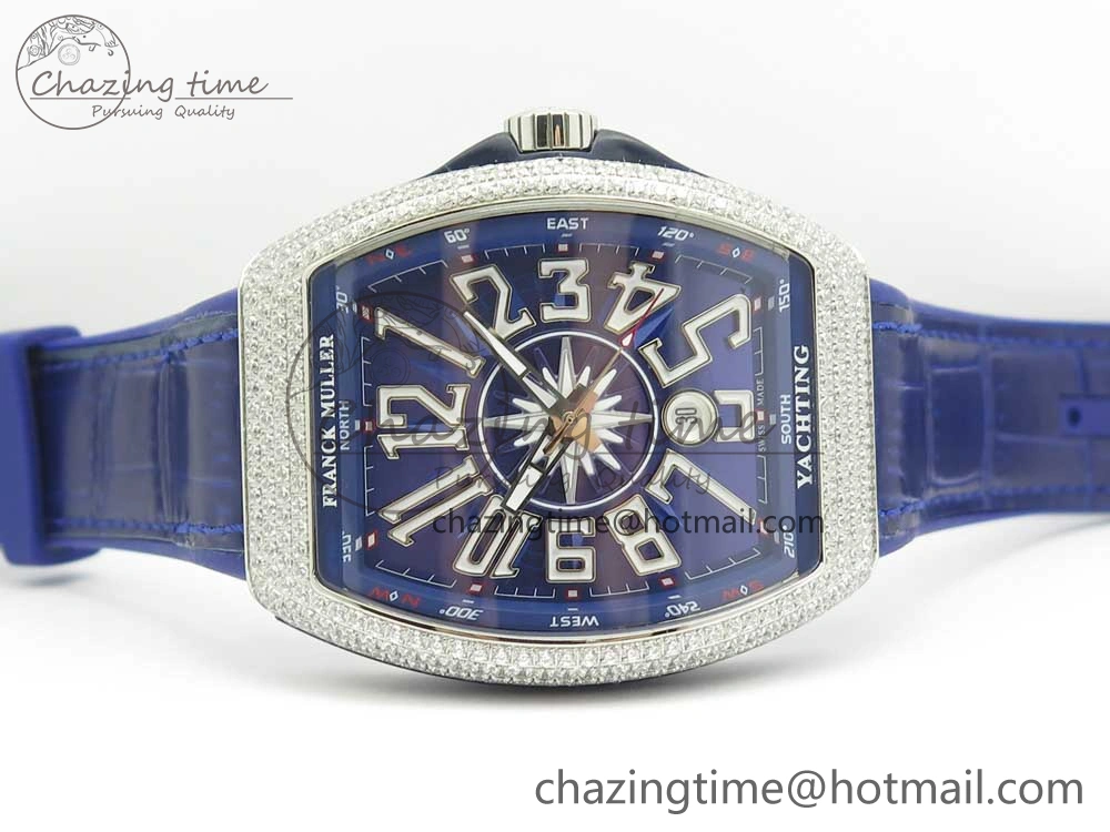 Vanguard V45 SS Full Diamonds Blue Textured Numbers Markers on Blue Gummy Strap A ModernLook 6565