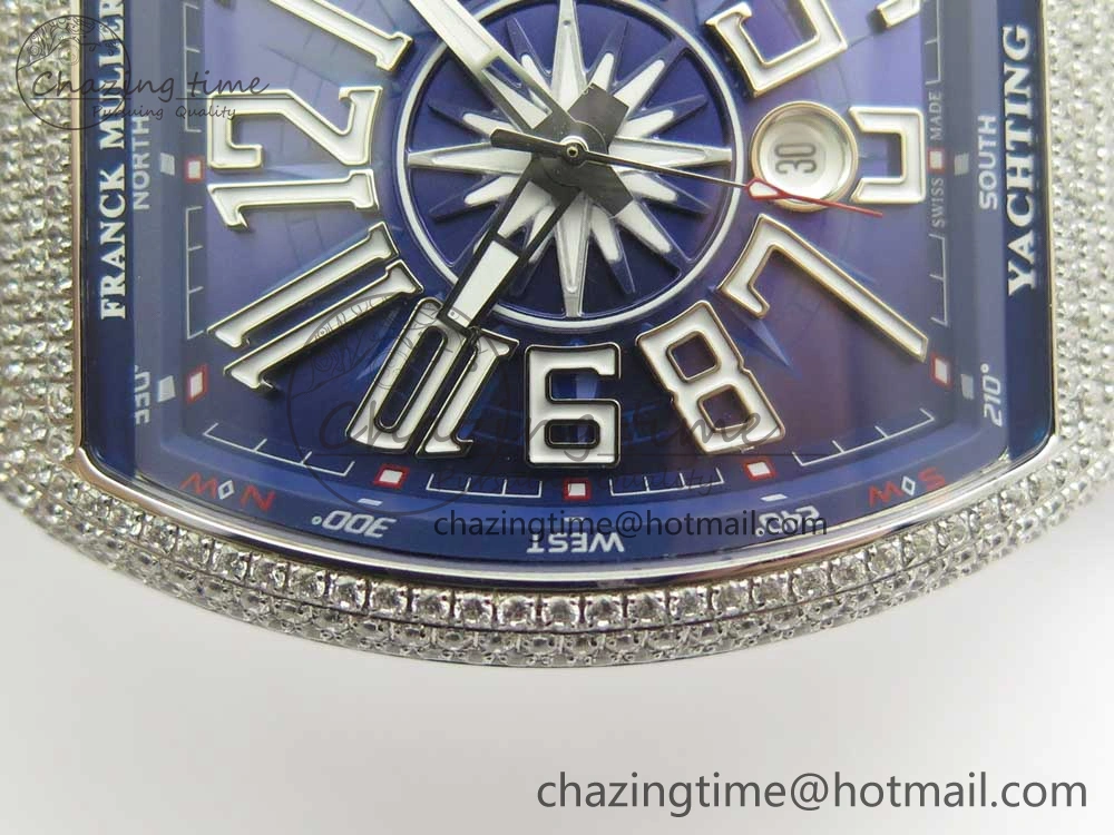 Vanguard V45 SS Full Diamonds Blue Textured Numbers Markers on Blue Gummy Strap A ModernLook 6565