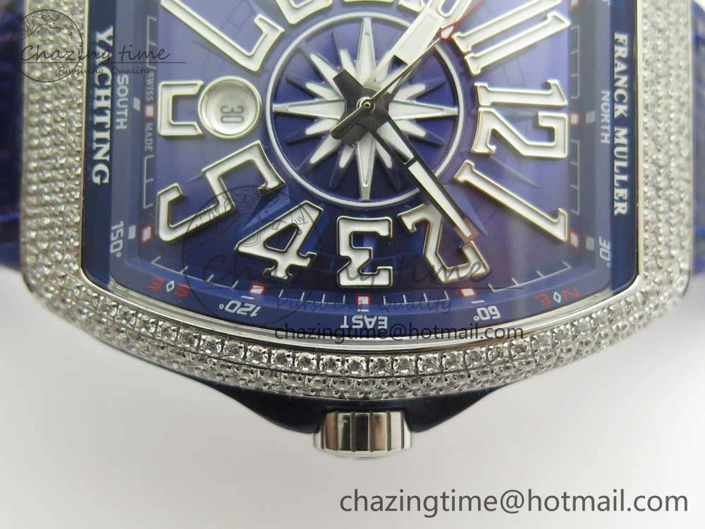 Vanguard V45 SS Full Diamonds Blue Textured Numbers Markers on Blue Gummy Strap A ModernLook 6565