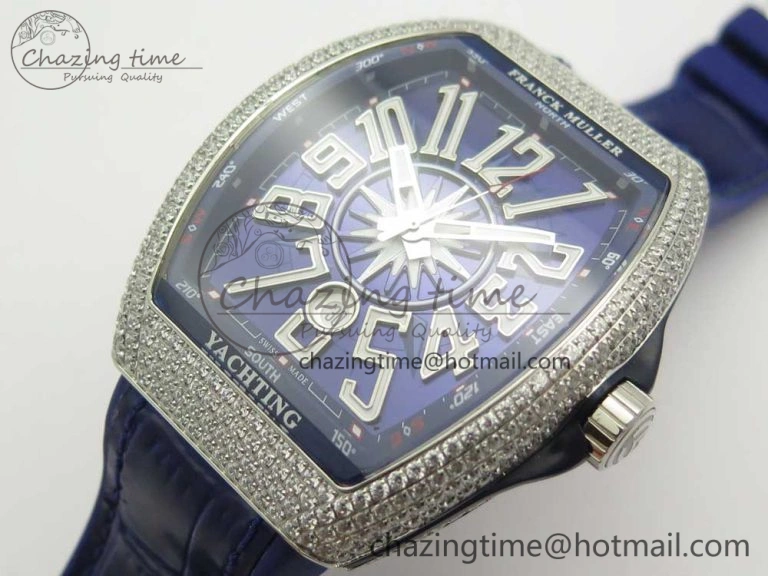Vanguard V45 SS Full Diamonds Blue Textured Numbers Markers on Blue Gummy Strap A ModernLook 6565
