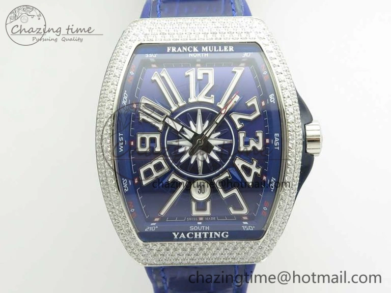 Vanguard V45 SS Full Diamonds Blue Textured Numbers Markers on Blue Gummy Strap A ModernLook 6565