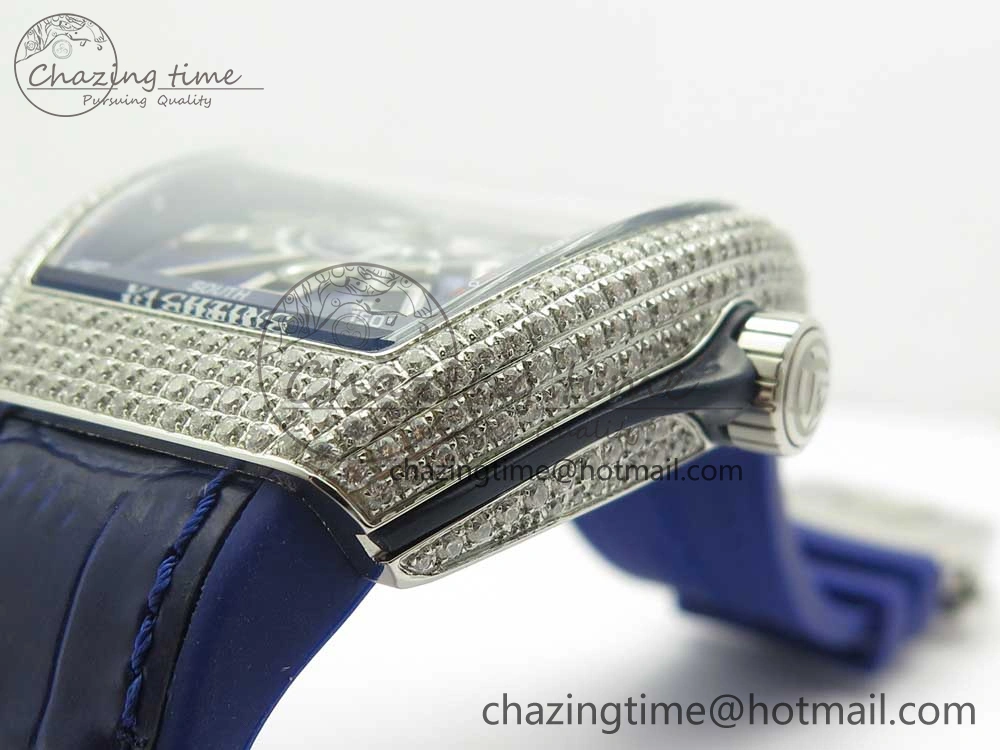 Vanguard V45 SS Full Diamonds Blue Textured Numbers Markers on Blue Gummy Strap A ModernLook 6565
