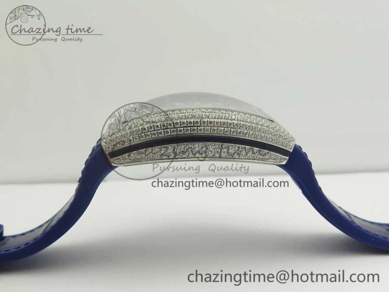 Vanguard V45 SS Full Diamonds Blue Textured Numbers Markers on Blue Gummy Strap A ModernLook 6565