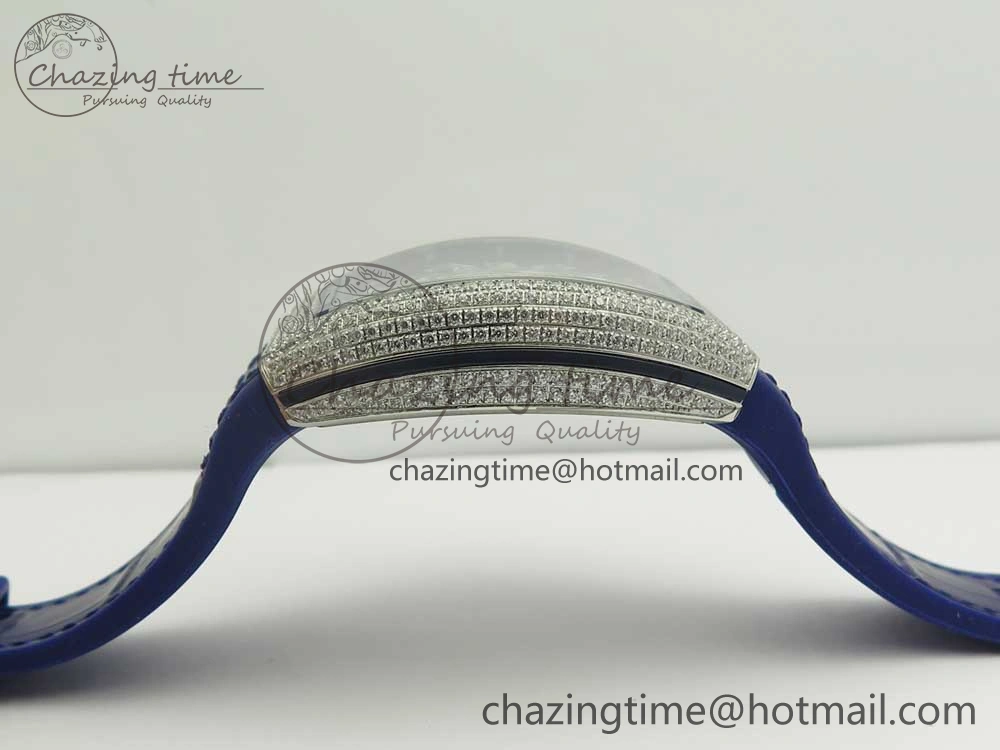 Vanguard V45 SS Full Diamonds Blue Textured Numbers Markers on Blue Gummy Strap A ModernLook 6565