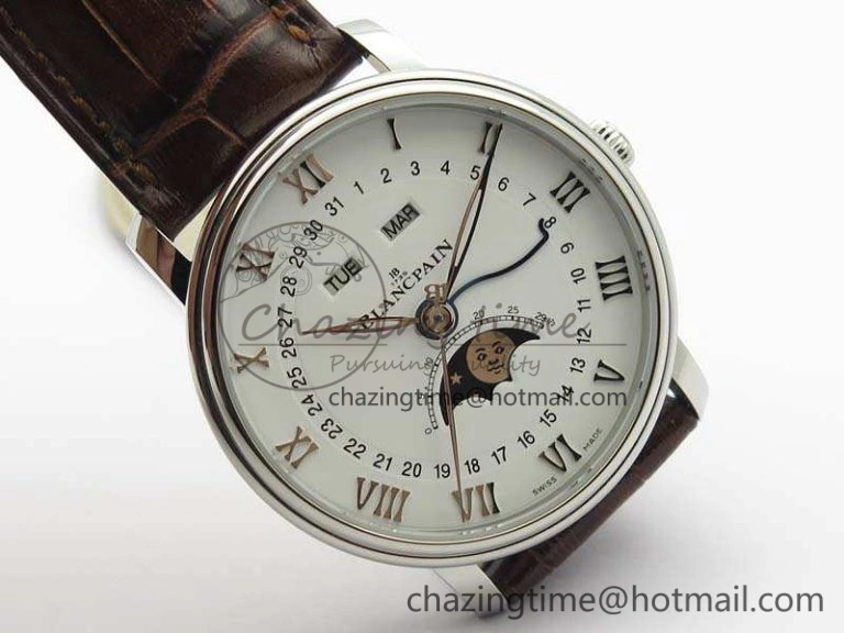 Unique Villeret 6654 SS Complicated Function OMF 1:1 Best Edition White Dial On Brown Leather Strap A 8119