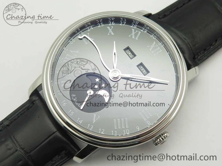 Villeret Quantième Complet 8 Jours SS Complicated Function OMF 1:1 Best Edition Black Dial on Black Leather Strap A Breathable 5279