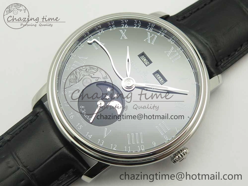 Villeret Quantième Complet 8 Jours SS Complicated Function OMF 1:1 Best Edition Black Dial on Black Leather Strap A Breathable 5279