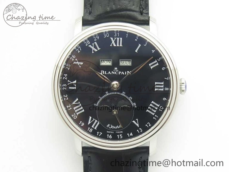 Sporty Villeret Quantième Complet 8 Jours SS Complicated Function OMF 1:1 Best Edition Black Dial on Black Leather Strap A 7980