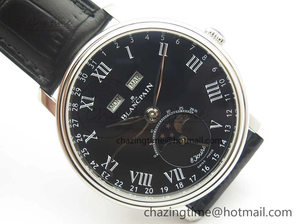 Villeret Quantième Complet 8 Jours SS Complicated Function OMF 1:1 Best Edition Black Dial on Black Leather Strap A Breathable 5279