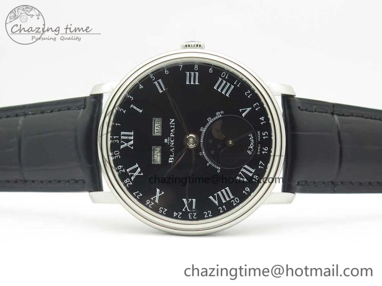 Villeret Quantième Complet 8 Jours SS Complicated Function OMF 1:1 Best Edition Black Dial on Black Leather Strap A Breathable 5279
