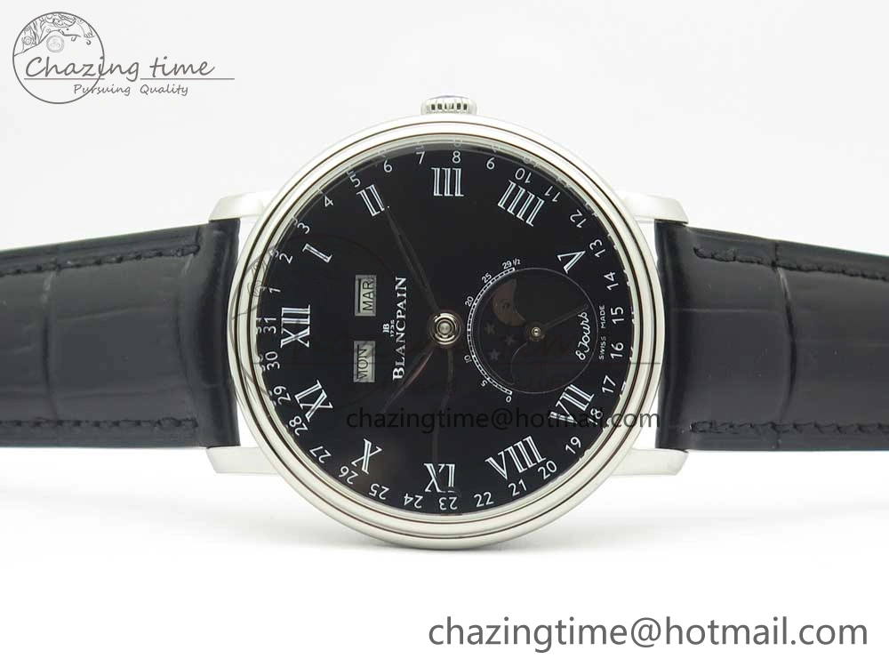 Villeret Quantième Complet 8 Jours SS Complicated Function OMF 1:1 Best Edition Black Dial on Black Leather Strap A Breathable 5279