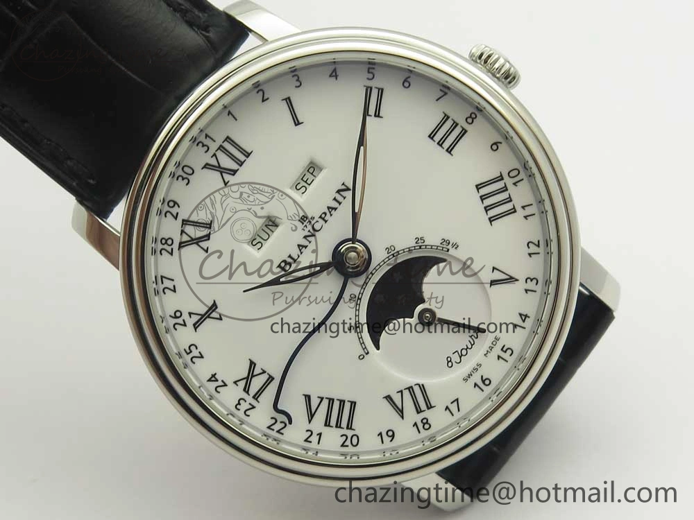 Youthful Villeret Quantième Complet 8 Jours SS Complicated Function OMF 1:1 Best Edition White Dial on Black Leather Strap A 5281