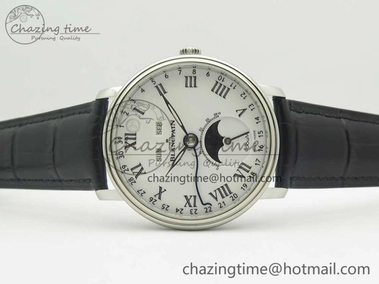 Youthful Villeret Quantième Complet 8 Jours SS Complicated Function OMF 1:1 Best Edition White Dial on Black Leather Strap A 5281