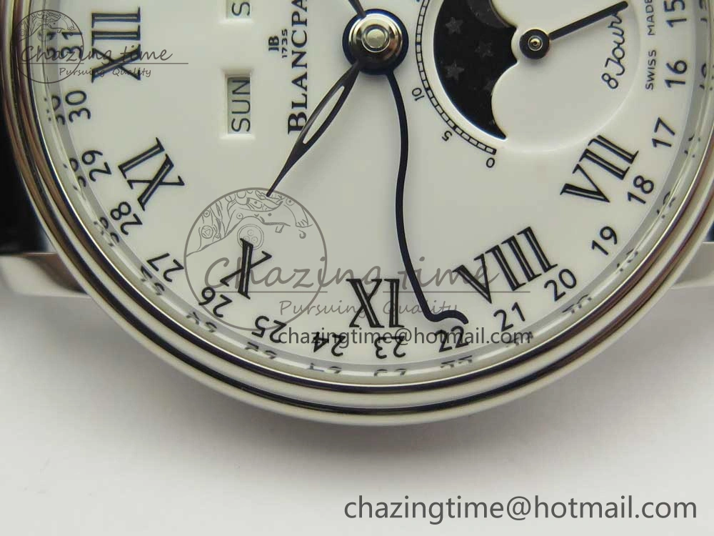 Youthful Villeret Quantième Complet 8 Jours SS Complicated Function OMF 1:1 Best Edition White Dial on Black Leather Strap A 5281