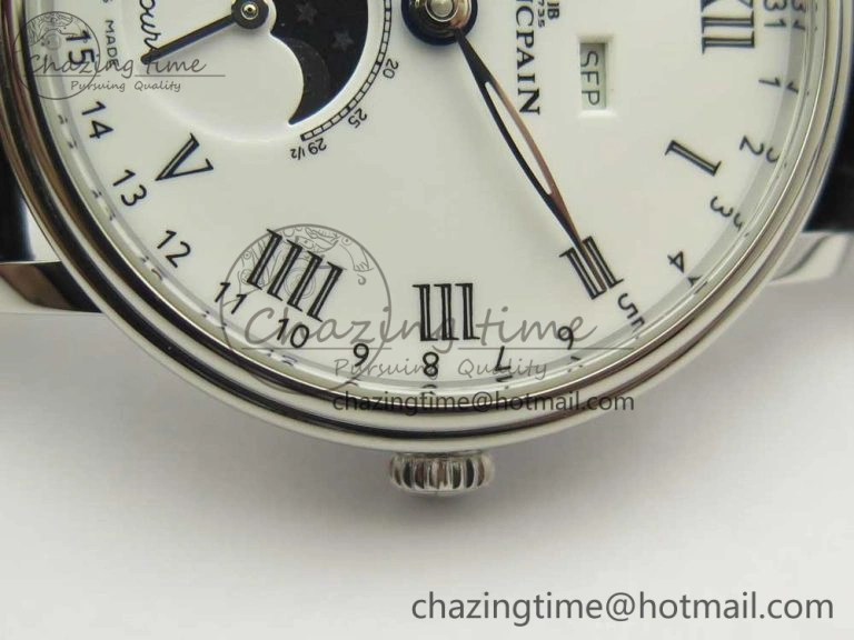 Youthful Villeret Quantième Complet 8 Jours SS Complicated Function OMF 1:1 Best Edition White Dial on Black Leather Strap A 5281