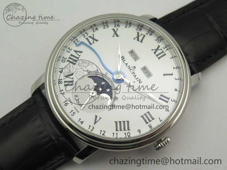 Youthful Villeret Quantième Complet 8 Jours SS Complicated Function OMF 1:1 Best Edition White Dial on Black Leather Strap A 5281