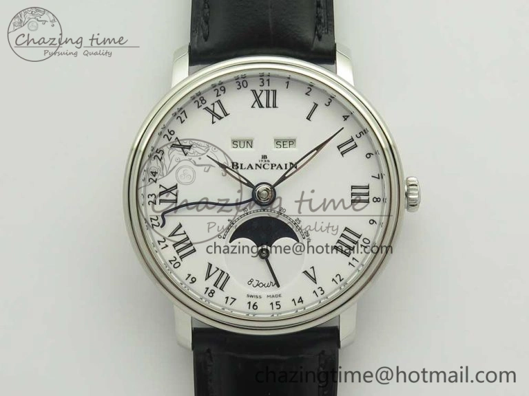 Youthful Villeret Quantième Complet 8 Jours SS Complicated Function OMF 1:1 Best Edition White Dial on Black Leather Strap A 5281