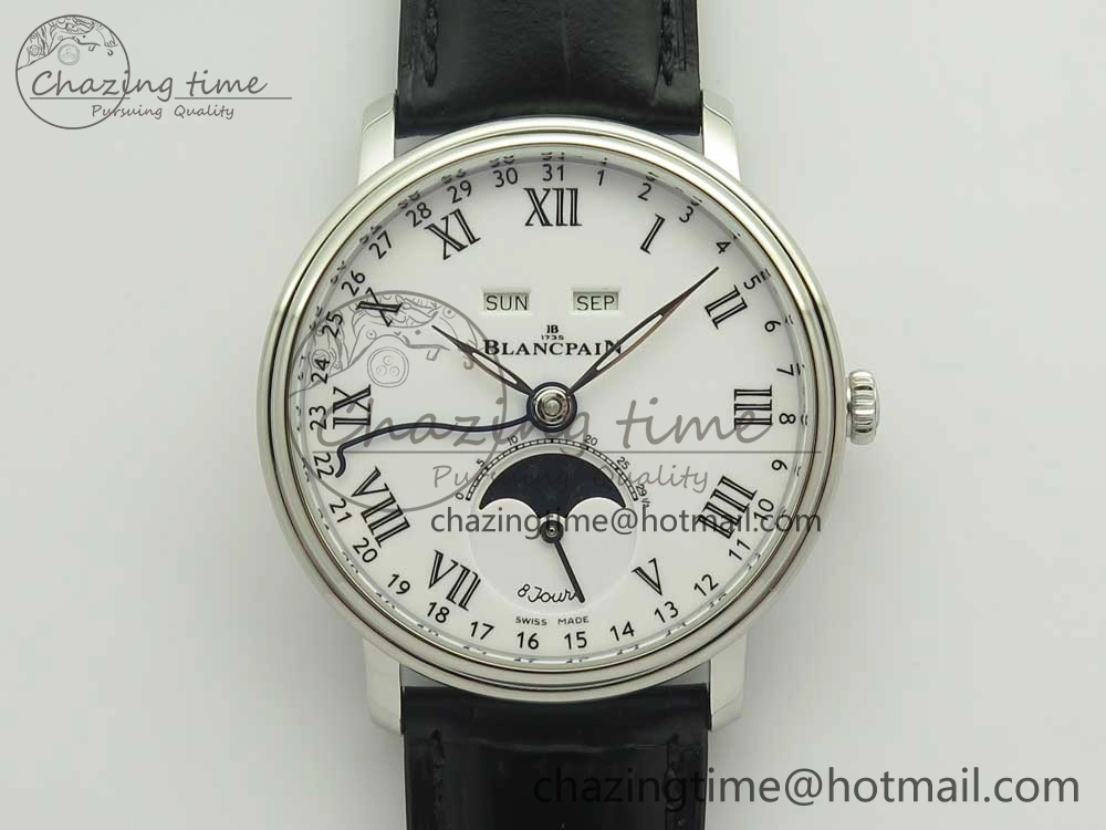 Youthful Villeret Quantième Complet 8 Jours SS Complicated Function OMF 1:1 Best Edition White Dial on Black Leather Strap A 5281