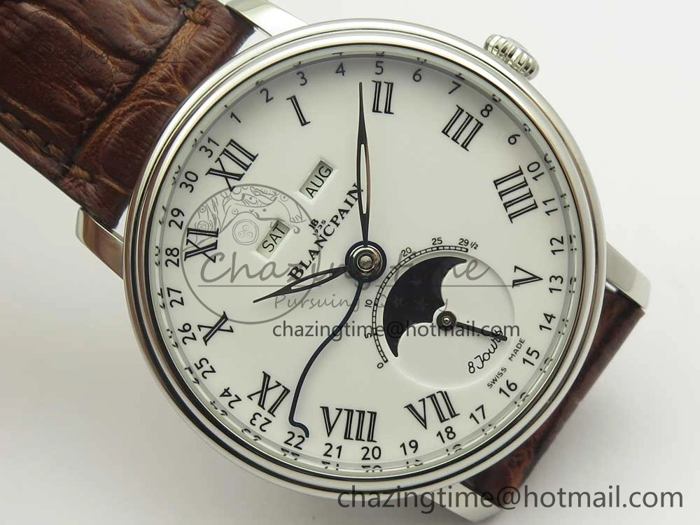 Upgraded Villeret Quantième Complet 8 Jours SS Complicated Function OMF 1:1 Best Edition White Dial on Brown Leather Strap A 7983