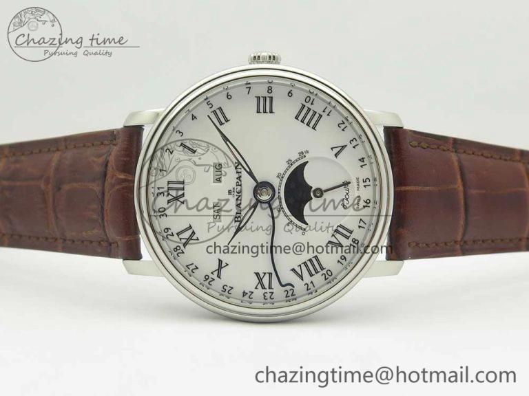 Upgraded Villeret Quantième Complet 8 Jours SS Complicated Function OMF 1:1 Best Edition White Dial on Brown Leather Strap A 7983