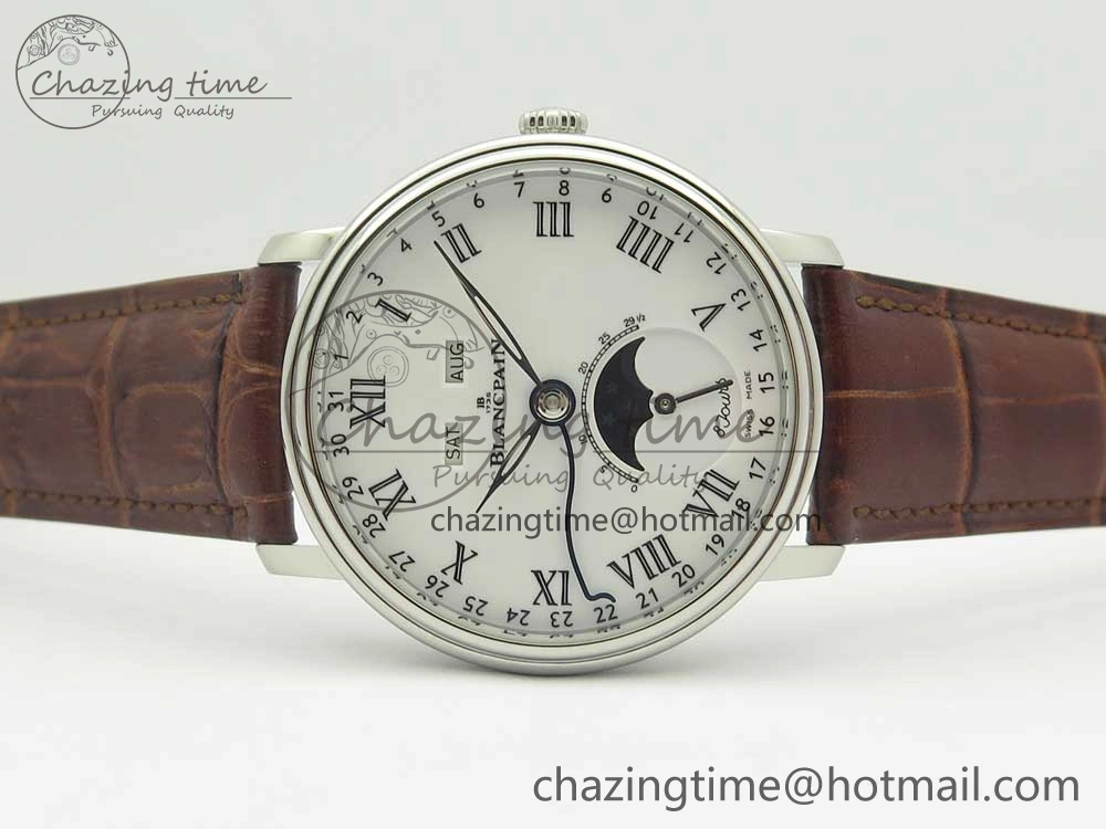 Upgraded Villeret Quantième Complet 8 Jours SS Complicated Function OMF 1:1 Best Edition White Dial on Brown Leather Strap A 7983