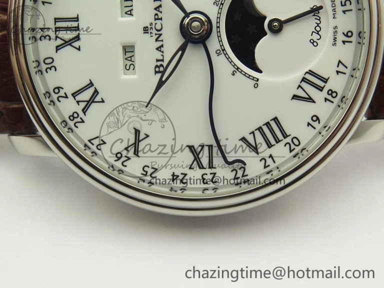 Upgraded Villeret Quantième Complet 8 Jours SS Complicated Function OMF 1:1 Best Edition White Dial on Brown Leather Strap A 7983