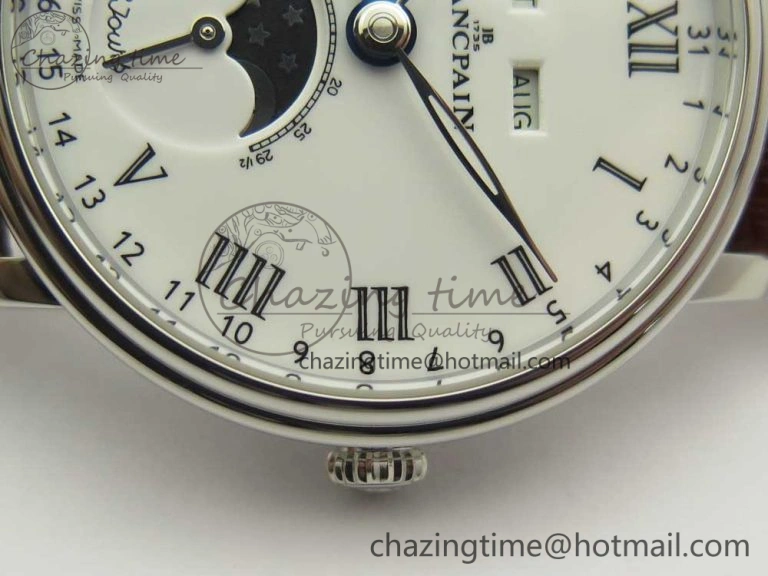 Upgraded Villeret Quantième Complet 8 Jours SS Complicated Function OMF 1:1 Best Edition White Dial on Brown Leather Strap A 7983